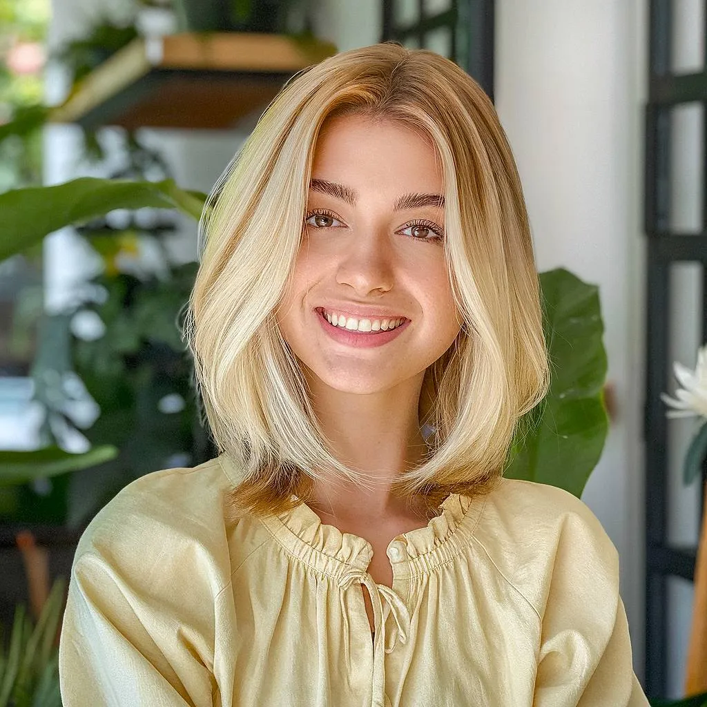 Mellemlang blond klipning med lette lag til tykt hår en blød og luftig forårsfrisure' title=