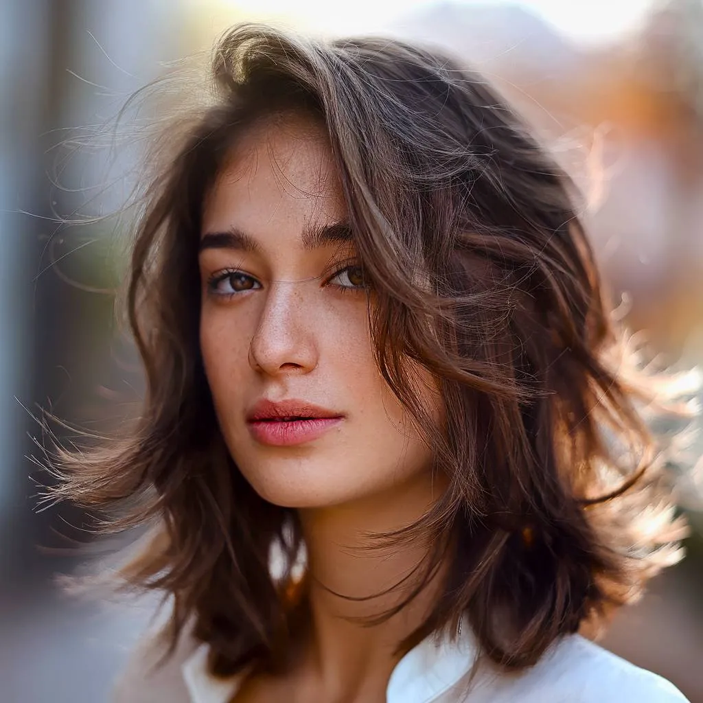 Skulderlang pjusket frisure med luftige lag en frisk og let forårsfrisure' title=