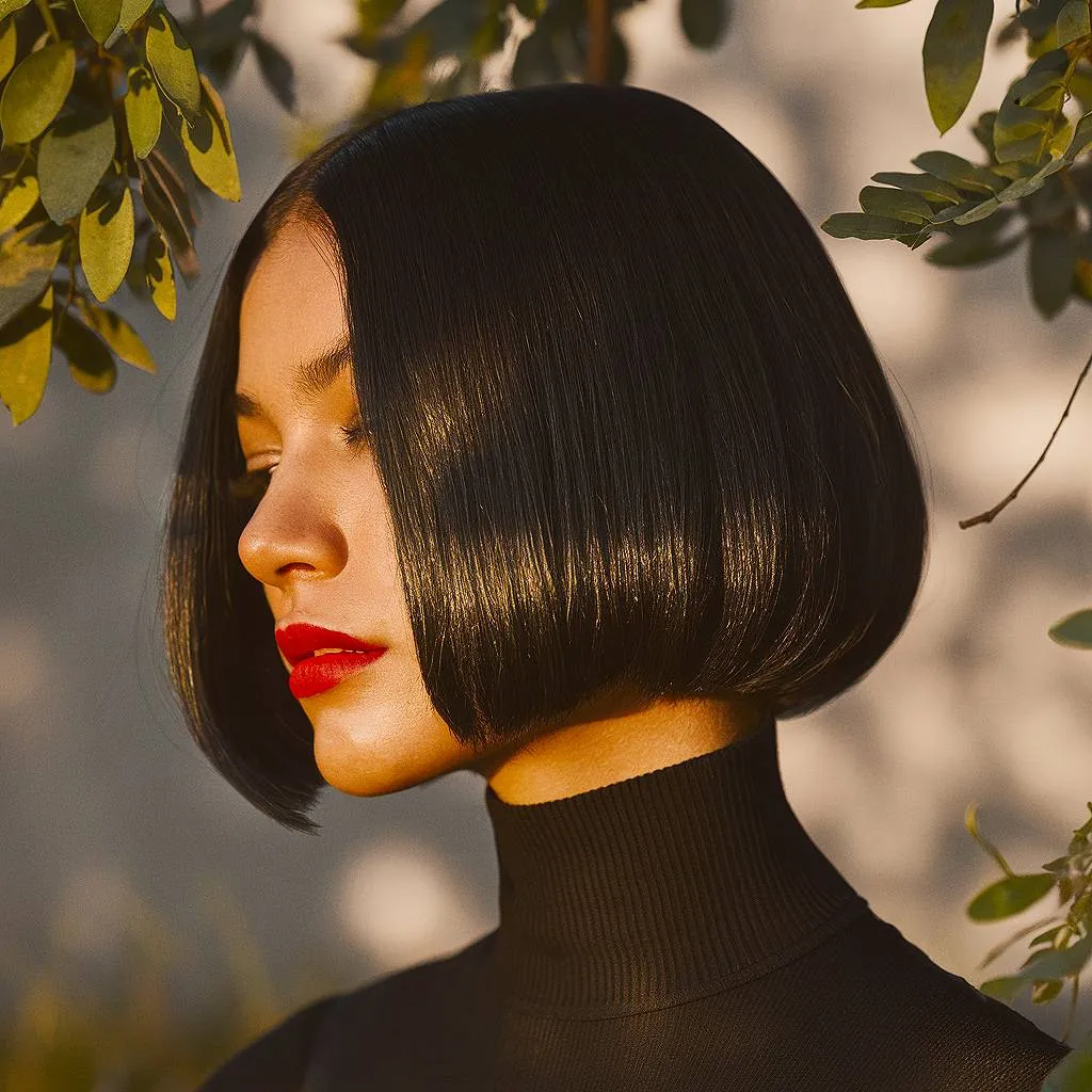 Slank hagelang stump bob med en blank finish en fed og moderne forårsfrisure' title=