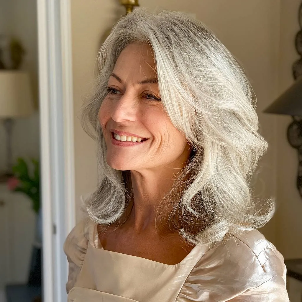 Mellemlang sølvfrisure med bløde lag en yndefuld og voluminøs forårsklip til modne kvinder' title=