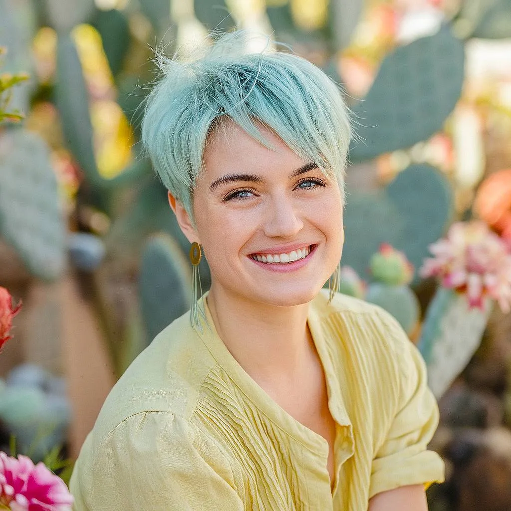 Tekstureret pastelblå nisse frisure en fed og moderne forårsfrisure til en frisk makeover' title=