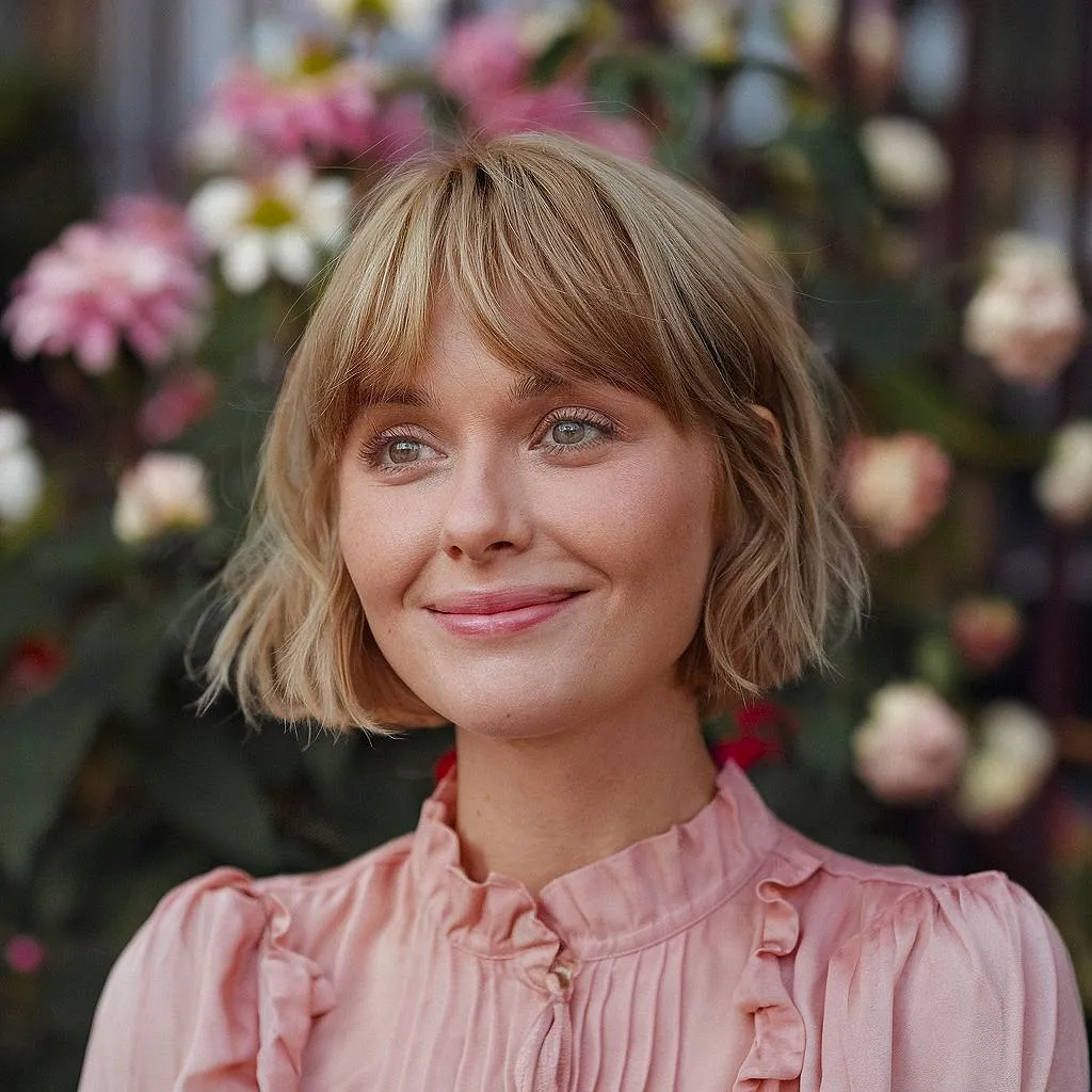 Kort bølget bob med gardin pandehår en chik og trendy forårsklip for ubesværet elegance' title=