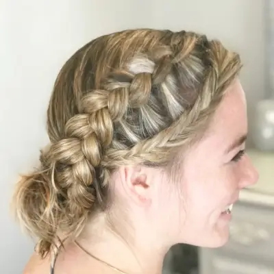 Dutch + Fishtail Braid into a Messy Bun hairstyle