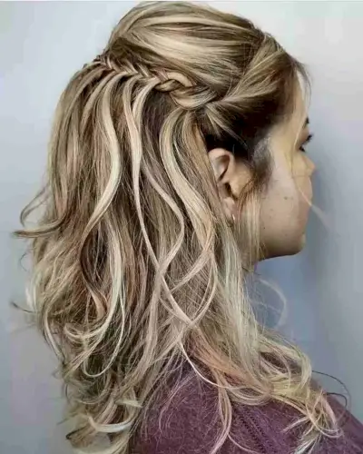 Graduation Messy Braided Half Updo for Mid-Length Dimensional Bronde Hair