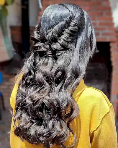 Mid Back-Length Hair with Half Updo and Double Fishtail Braids for Graduation