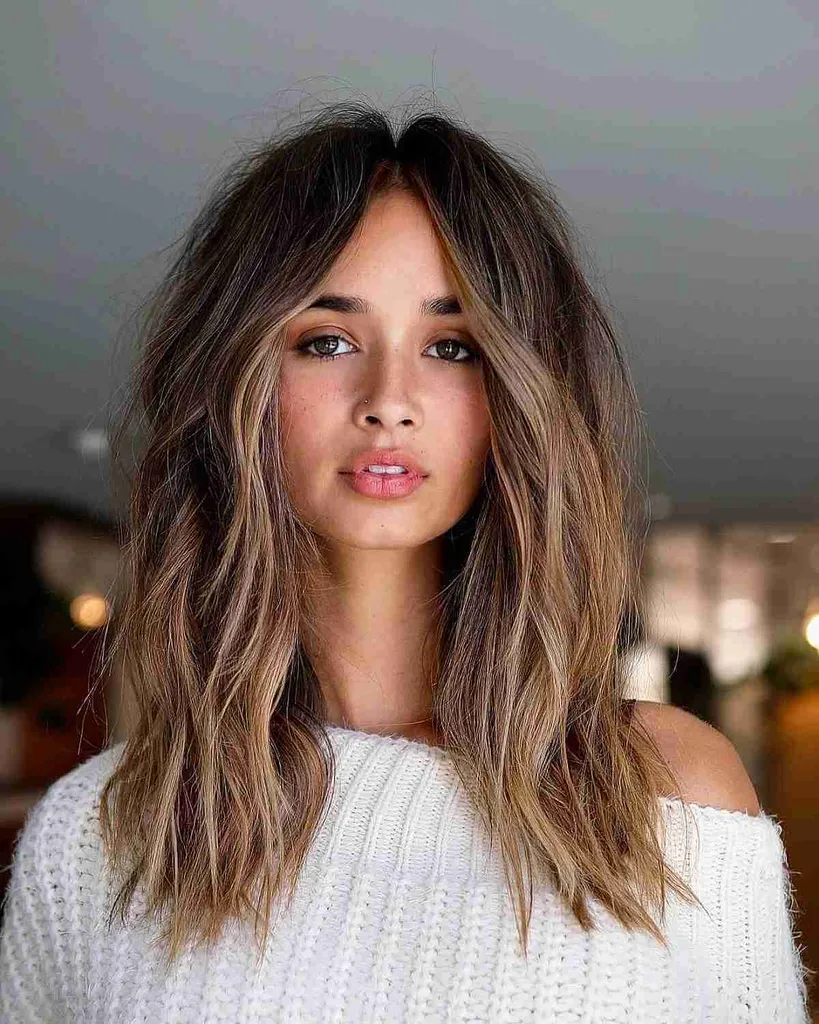 太い髪のための中間部分を備えたモダンなミディアム シャグ' title=