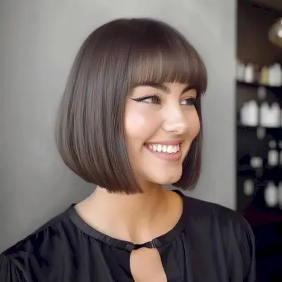 A clean symmetrical Bob haircut with bangs for thin hair