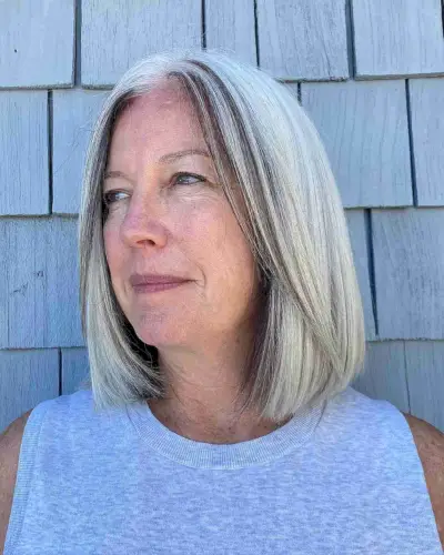 White Blond Straight Lob with a Dark Money Piece