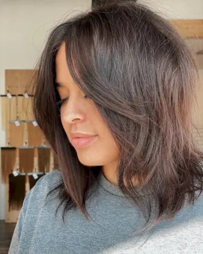 Straight curtain bangs on Medium Hair