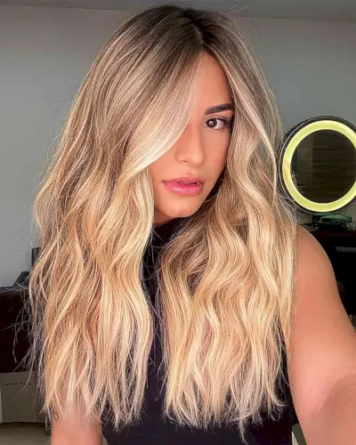 Side-Parted Summer Beach Blonde Waves on Long Tresses