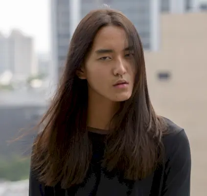 Rett langt hår midtre del menn