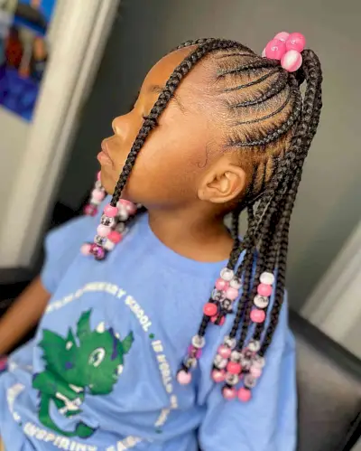 Beaded High Pony with Feed-in Braids for Black Girls
