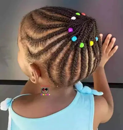 Braided Protective Style Updo with Colorful Beads for Toddlers