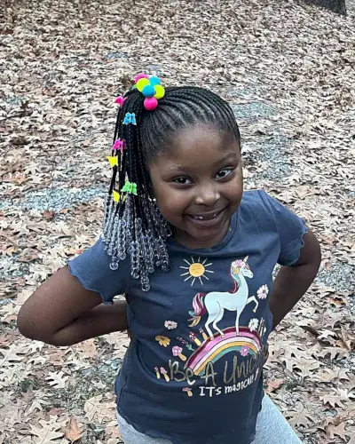 Side Braided High Ponytail with Beads and Colorful Clips for Black Kids