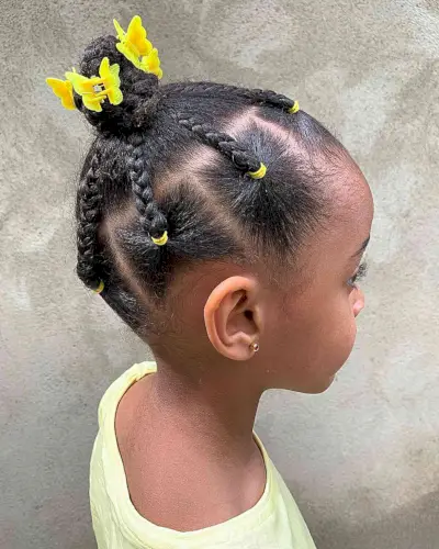 Mini Braids and Bantu Knot with Yellow Clips for Black Girl Toddlers