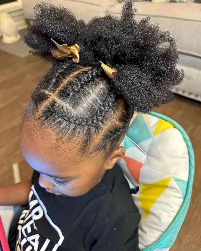 Cute Braided Updo with Double Afro Puffs and Golden Bows for Black Girls