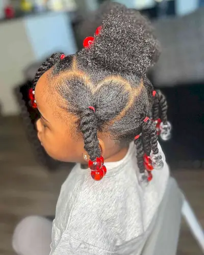 Heart-Parted Rope Braids with Hair Puff for Black Kids