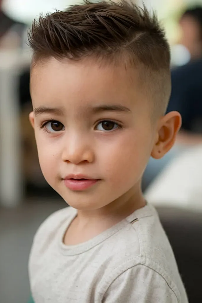 Toddler boy quiff haircut med tekstureret top og korte sider' title=