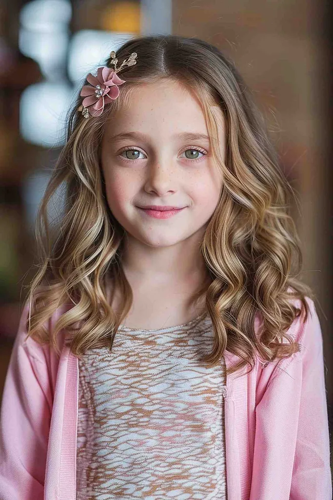 Fată tânără cu părul ondulat și o clemă florală' title=