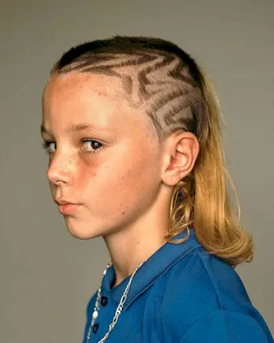 Long Blonde Mullet with Shaved Sides and Hair Tattoos for Young Boys
