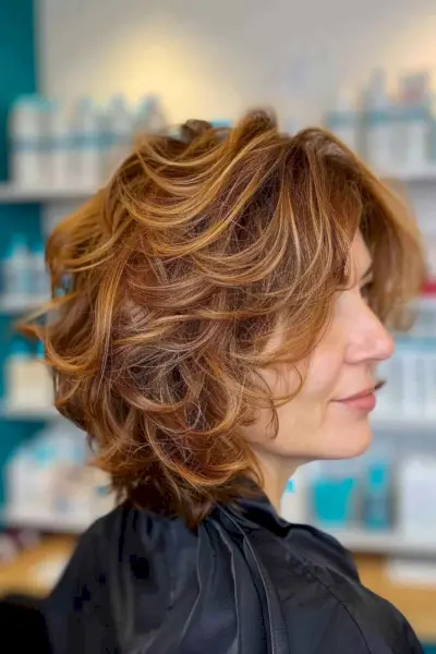 Textured Wavy Layered Bob in Caramel Auburn for Medium Hair