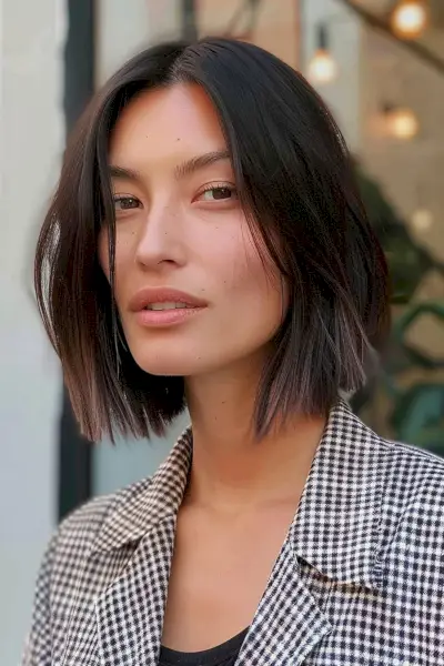 Short layered blunt bob with blunt ends