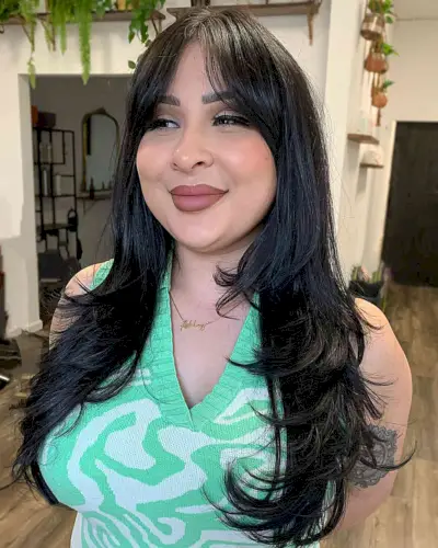 Long Layered Hair with Feathery Style and Bangs