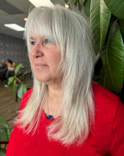 Naturally Grey Shag with Layers and Bangs for Fine Hair