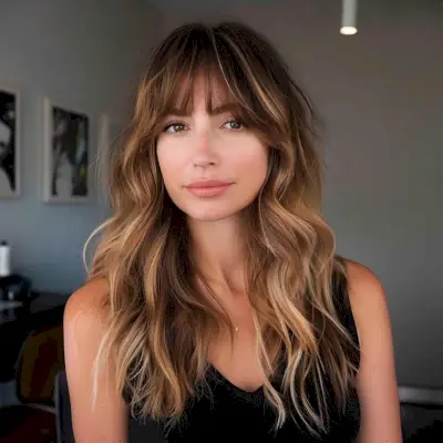 long layered haircut with bangs and blonde balayage