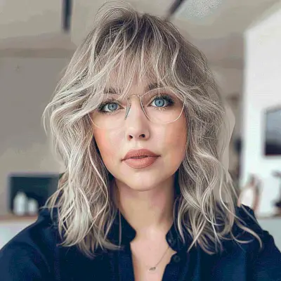 bright salt-and-pepper choppy layers with wispy bangs