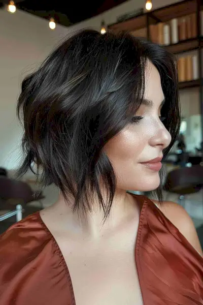Sleek short layered bob with dark brown color and face-framing layers.