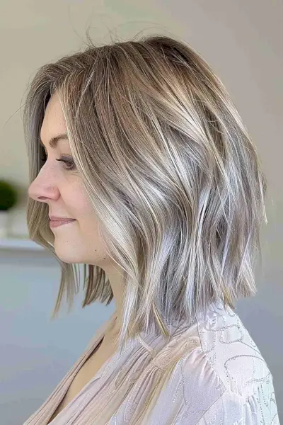 Medium-length ashy blonde bob with soft layers and highlights