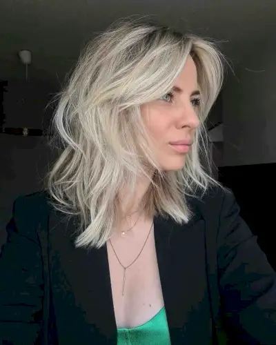Medium Short Undone Texture on Blonde Layered Hair