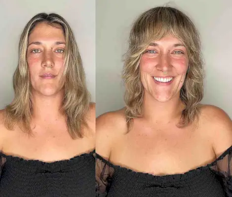 Youthful Short to Medium Wavy Layered Shag with Thin Bangs