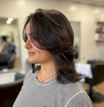 Chic Face-Framing Bangs on Short to Mid-Length Layered Hair