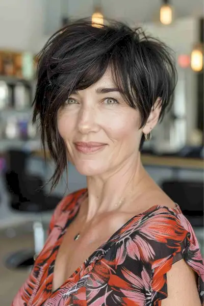 Asymmetrical bob with layered side bangs for straight hair.