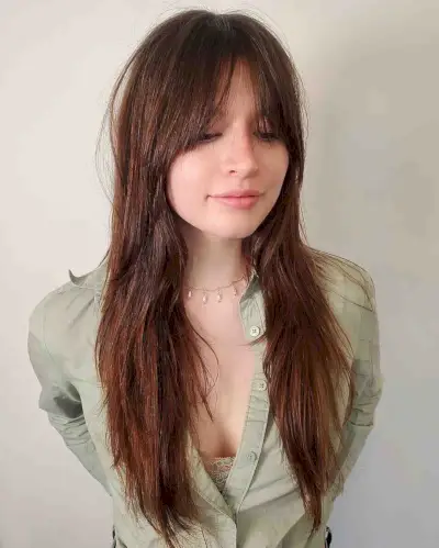 Long Straight Layered Hair with Long Curtain Bangs