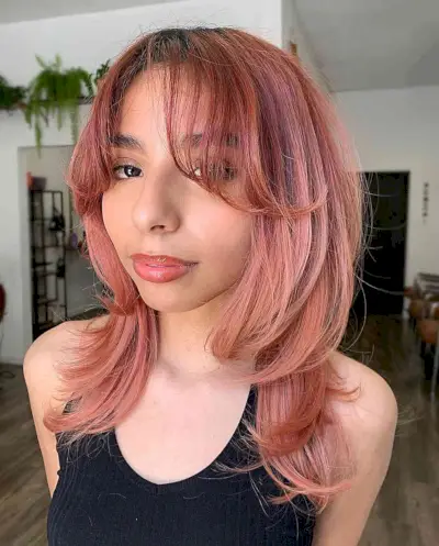 Peach Medium Bouncy Layered Blowout with Curtain Bangs for Thin Hair