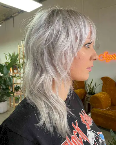 Platinum Medium Layered Shag with Bangs for Thinner Locks