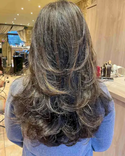 Long Feathered Layered Cut with Accented Caramel Tones