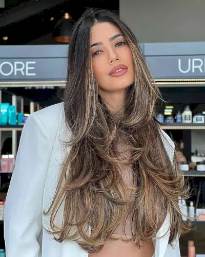 Wispy Long Layers with Brunette Balayage for Long hair and women without bangs