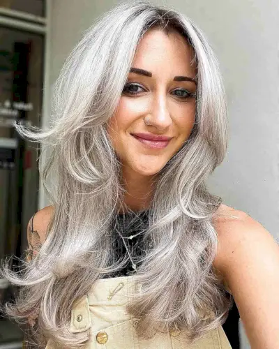Silver Long Layers with No Bangs