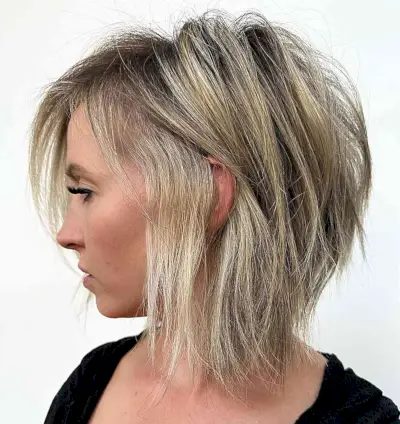 Stacked Choppy Bob with Layers and blonde balayage