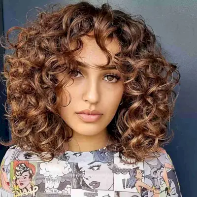 Curly Curtain Bangs and Layers for women with thick hair and a long face