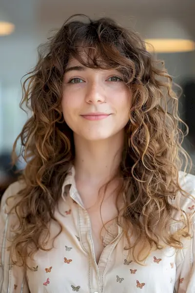 Layered curly locks with side bangs