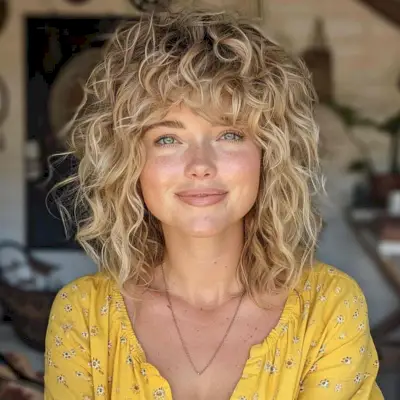 messy shaggy layered curly hair with bangs