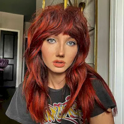 Fiery Red Shag for Thicker Hair with Layers and Full bangs