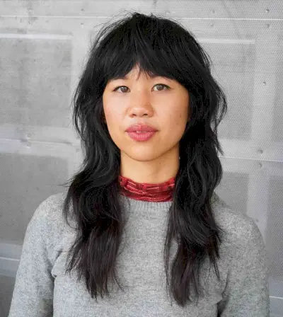 Jet Black Medium Shag with Layers and Curtain Fringe