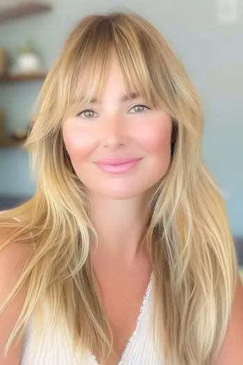 희미한 앞머리 헤어스타일을 사용한 얼굴 프레이밍 긴 레이어.