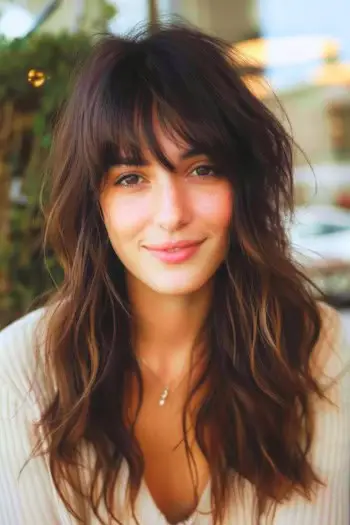 Babylights가 있는 긴 레이어 앞머리가 있는 헤어스타일.